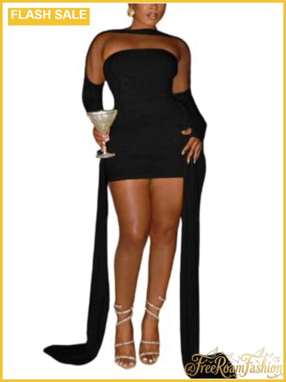 Mesh Strapless Mini Dress with Detachable Long Sleeves Bodycon Club Party